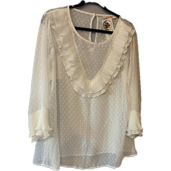 Unbranded Tops - Women’s Embroidered Ruffle Sheer White Boho Chic Top Workwear